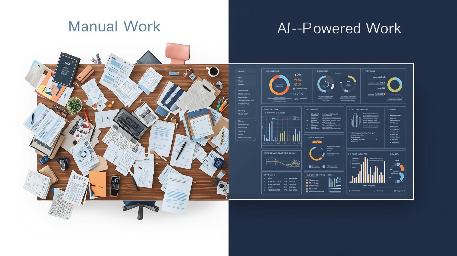 Split graphic of manual work vs AI-powered digital dashboard